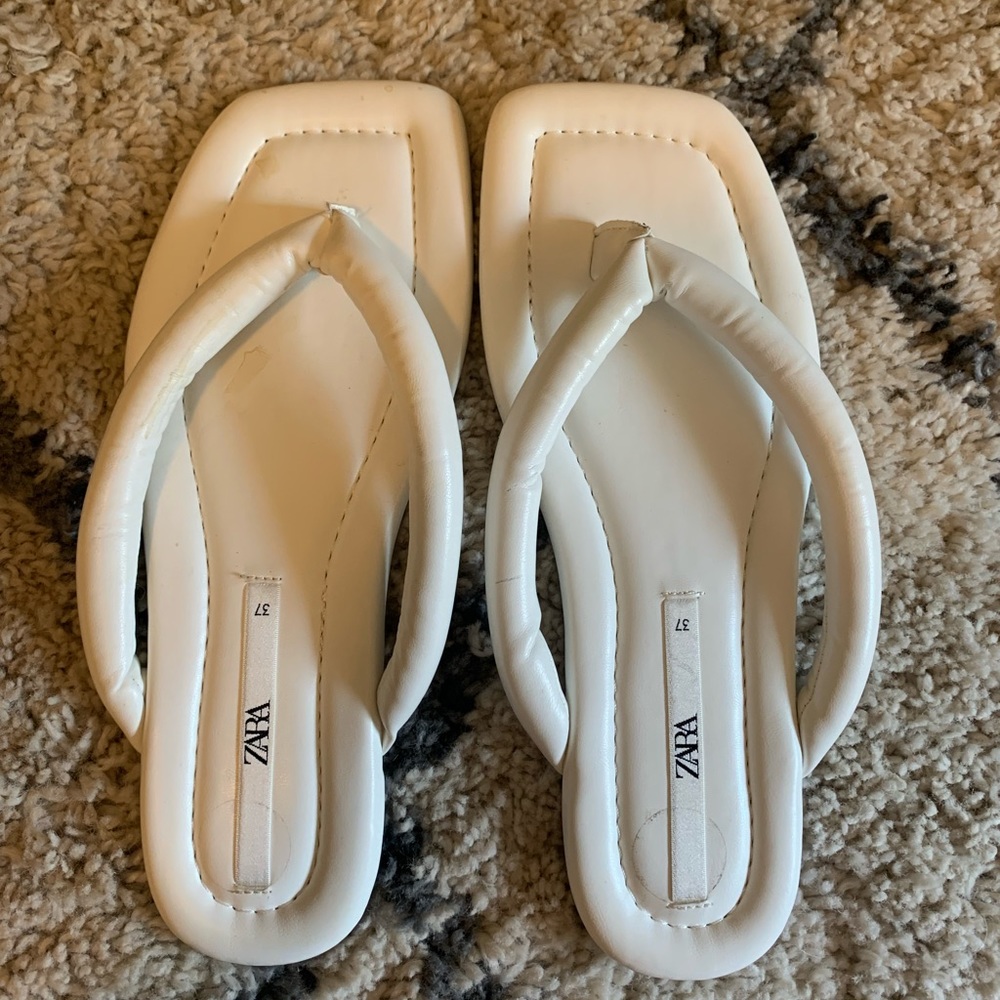 White Zara Square Toed Flip Flops